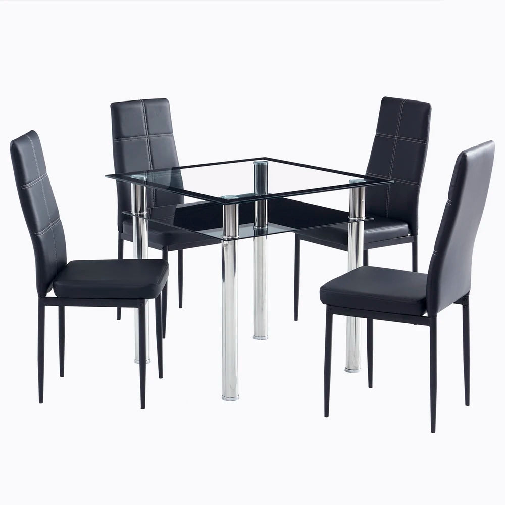 Double-layer Square Tempered Glass Stainless Steel Cylindrical Leg 80*80*75cm Dining Table Set or 4pcs Dining Chairs