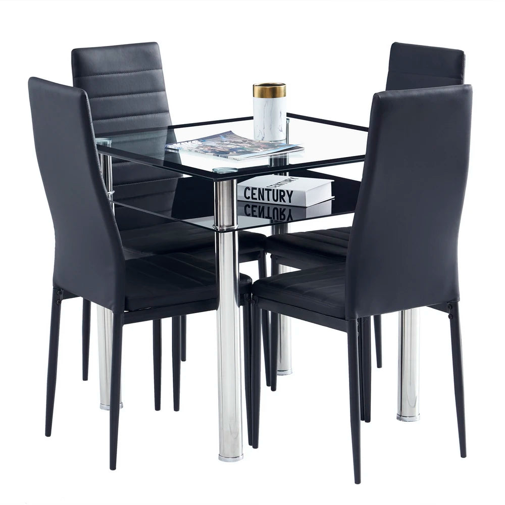 Double-layer Square Tempered Glass Stainless Steel Cylindrical Leg 80*80*75cm Dining Table Set or 4pcs Dining Chairs