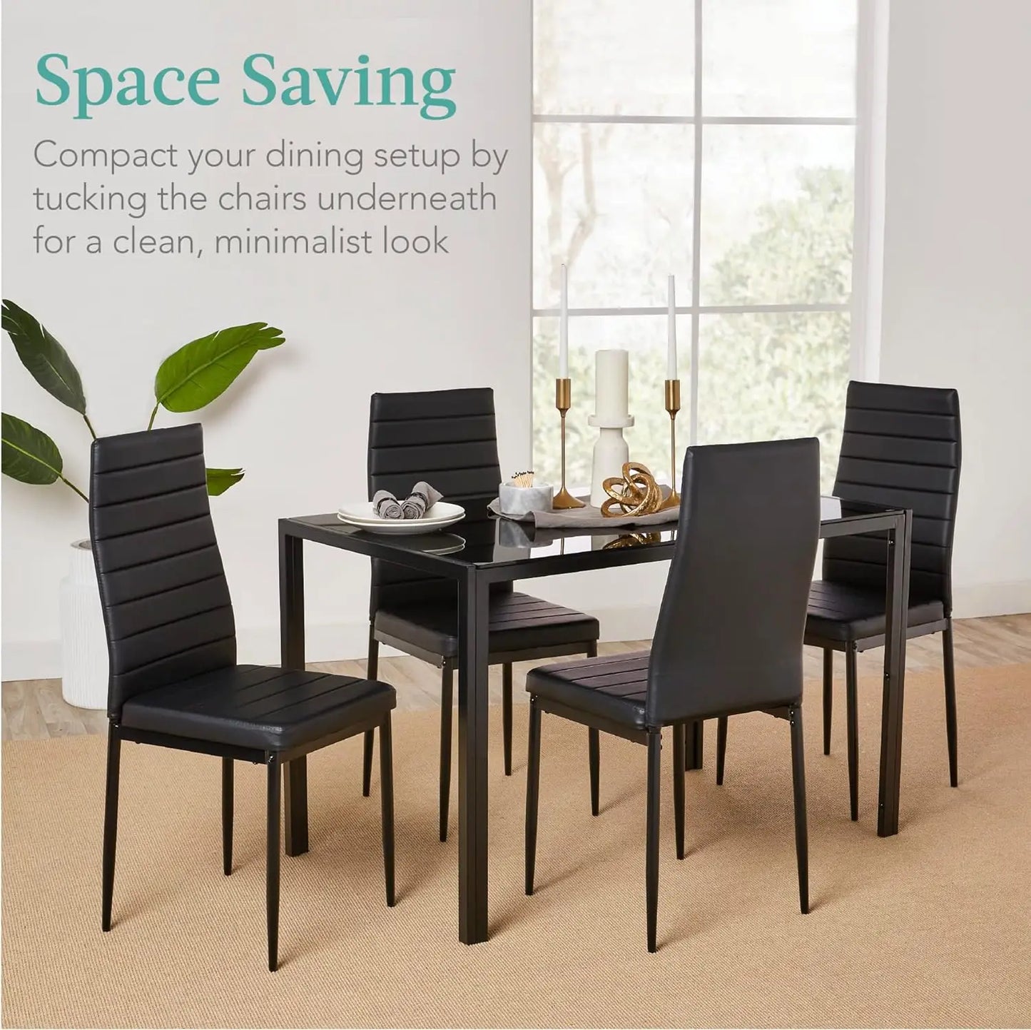 5-Piece Glass Dining Set,Modern Kitchen Table Space-Saving w/Glass Tabletop,4 Upholstered PU Chairs,Metal Steel Frame.multicolor