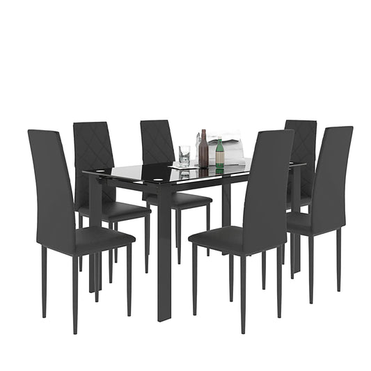 [Flash Sale]7-Piece Dining Table Chair Set 1 Glass Dining Table 6 PU Chair Ideal for Kitchen Dining Room[US-W]
