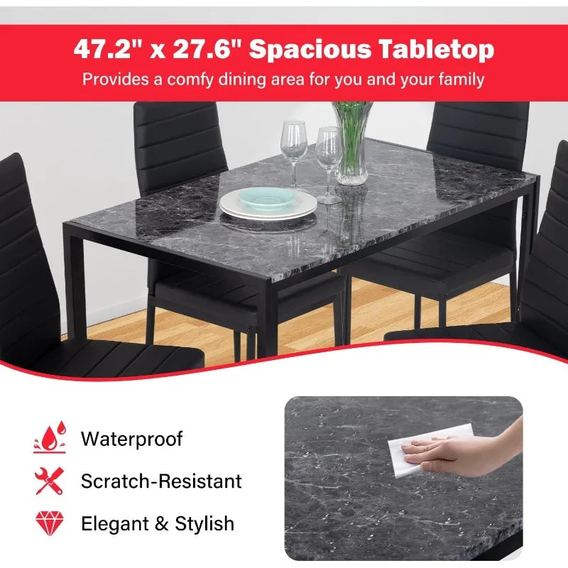 Dining Table and Chairs Set, Modern Rectangular Marble Table top with 4 Chairs PU Leather for Dining Room and Kitchen,  Marble