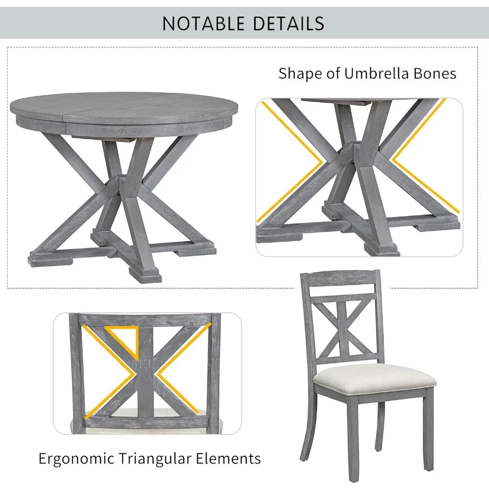 5 Piece Retro, Functional Set,Extendable Round Table and 4 Upholstered Chairs for Dining Room and Kitchen,Gray