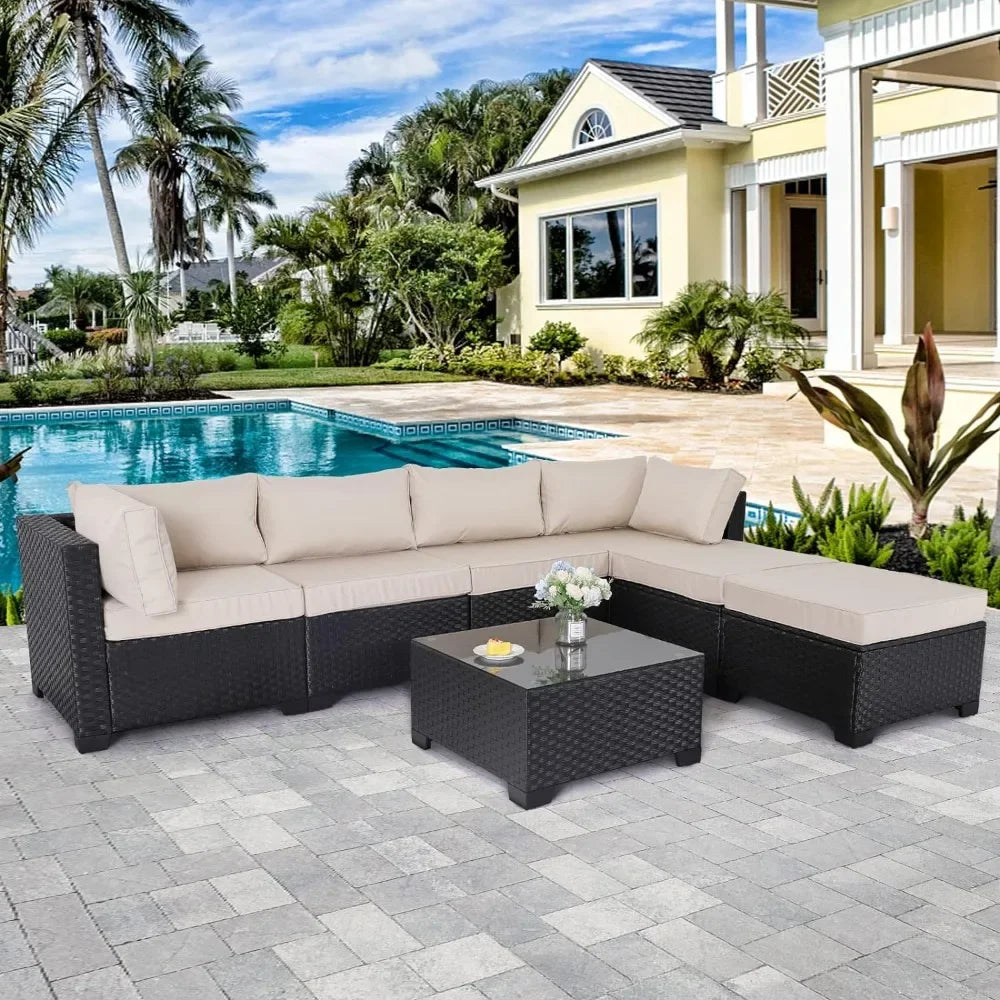 7 Pieces Outdoor PE Wicker Furniture Set Patio Rattan Sectional Conversation Sofa Set with Khaki Cushions and Glass Top Table