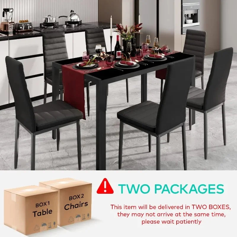 Gizoon Glass Dining Table Sets for 6, 7 Piece Kitchen Table and Chairs Set for 6 Person, PU Leather Modern Dining Room Sets