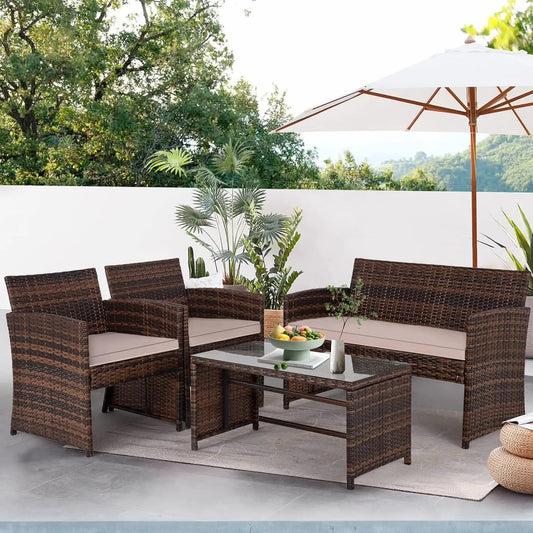 FDW 4 Pieces Outdoor Patio Furniture Sets Rattan Chair Patio Set Wicker Conversation Set Poolside Lawn Chairs Porch Poolside Bal