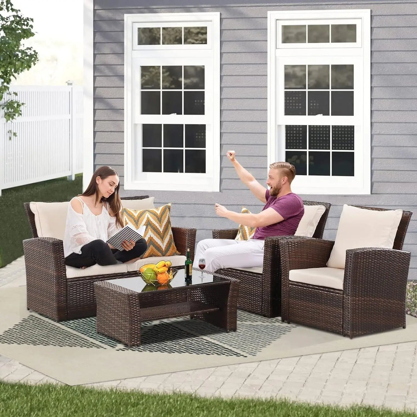 Patio Furniture Sets All-Weather Conversation Set Outdoor Wicker Sectional Sofa Chair w/ Cushion & Coffee Table,Multiple Colors