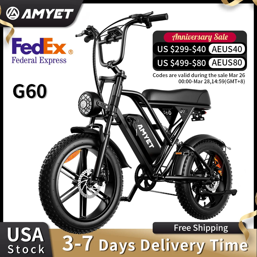 AMYET V9-G60 Adults Electric Bike 1000W Motor Bicycle 48V 20AH 20 Inch Tire Ebike Electric E Bikes Mountain Moped Ebikes