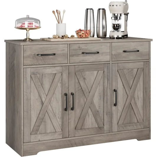 Modern Farmhouse Buffet Sideboard Cabinet, Barn Doors Storage Cabinet with Drawers and Shelves, Wood Coffee Bar Cabinet
