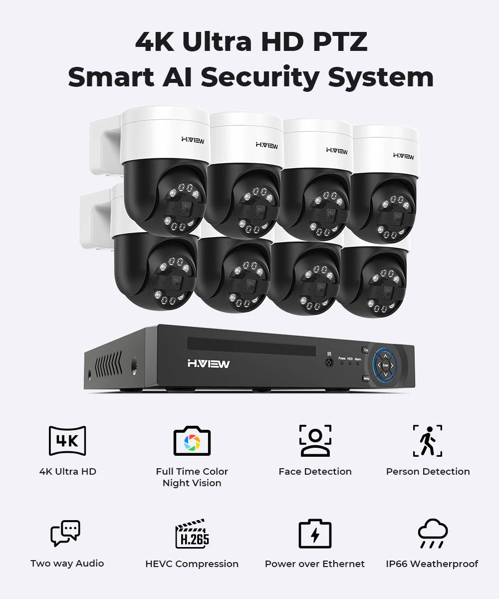 H.view 4K 5MP 8MP Cctv Poe Security Camera System 4pcs 2tb Ptz Home Video Surveillance Kit Outdoor Ip Camera Humanoid Detection