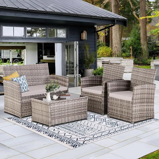 4 Piece Patio Furniture Set, Outdoor Wicker Conversation Sets,Rattan Sectional Sofa w/Coffee Table, for Backyard Garden Poolside