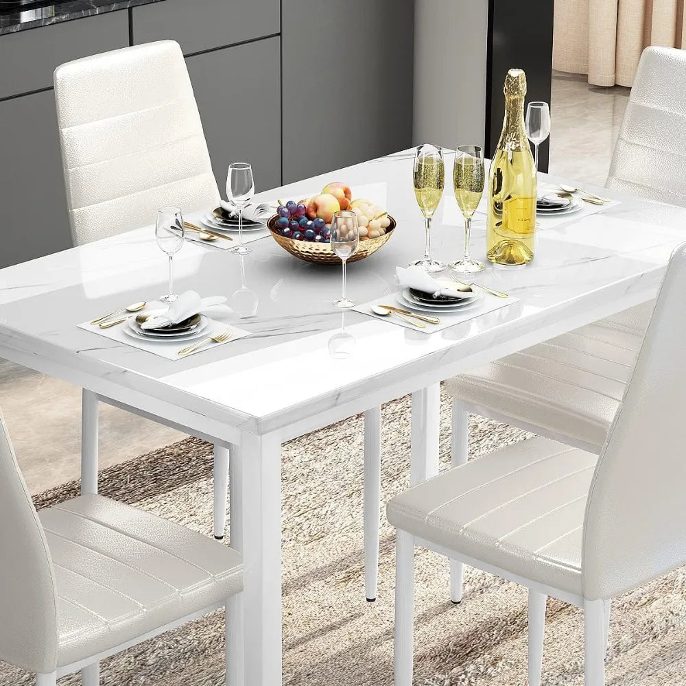 Marble Dining Table 4-piece Set, Comfortable PU Leather Chairs, Dining Room Small Space Dining Table Set, Living Room，White