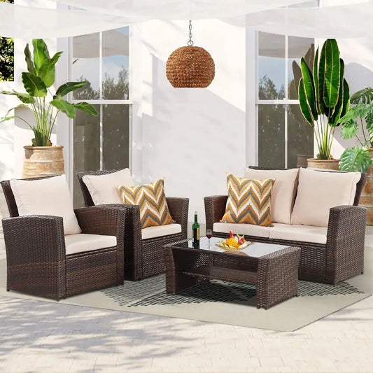 Patio Furniture Sets All-Weather Conversation Set Outdoor Wicker Sectional Sofa Chair w/ Cushion & Coffee Table,Multiple Colors