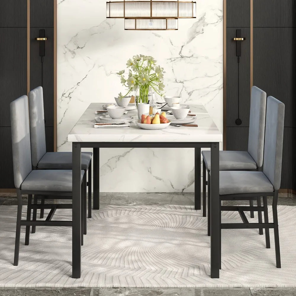 2024 New Dining Table Set for 4, 5-Piece Marble DiningTableSet with 4 Velvet Metal Frame Chairs for Kitchen