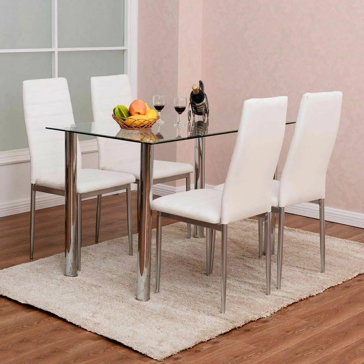 5Pcs Dining Set Kitchen Room Table Set Dining Table and 4 Leather Chairs