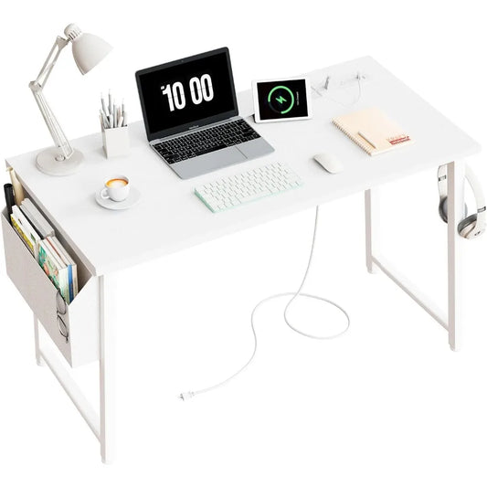 39 Inch White Computer Desk With Power Outlet Table Pliante Furniture Room Desk to Study Desks Reading Gaming Office Accessories