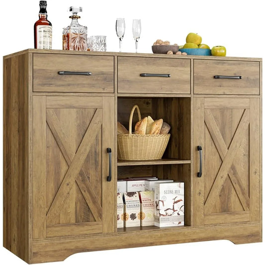 Wood Modern Farmhouse Buffet Storage Cabinet Barn Doors Sideboard with Storage, Drawers and Shelves For Coffee Bar