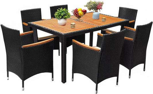 5/7/9 Piece Patio Dining Set Outdoor Acacia Wood Table and Chairs with Soft Cushions Wicker Patio Furniture for Deck, Backyard