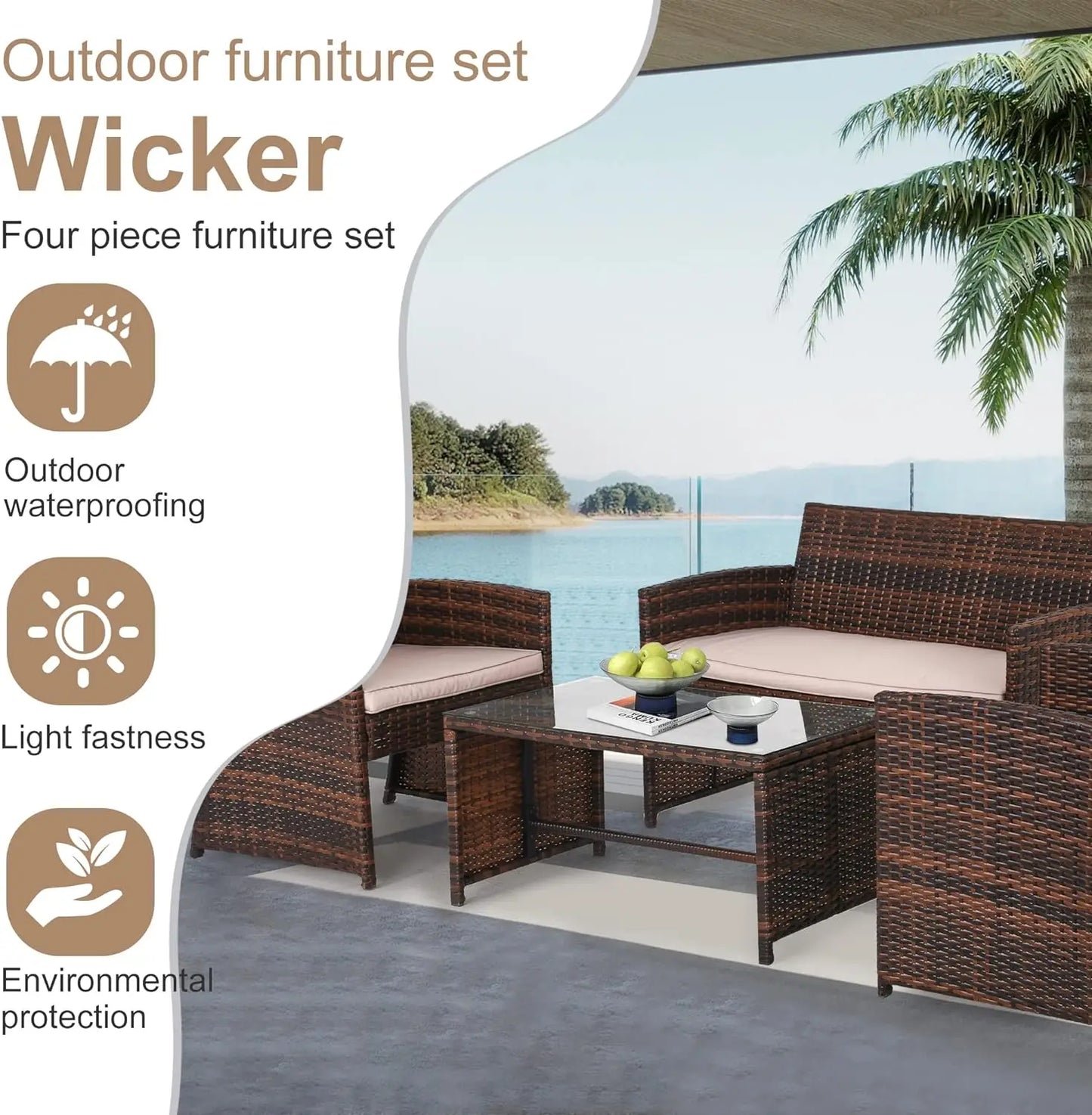 FDW 4 Pieces Outdoor Patio Furniture Sets Rattan Chair Patio Set Wicker Conversation Set Poolside Lawn Chairs Porch Poolside Bal