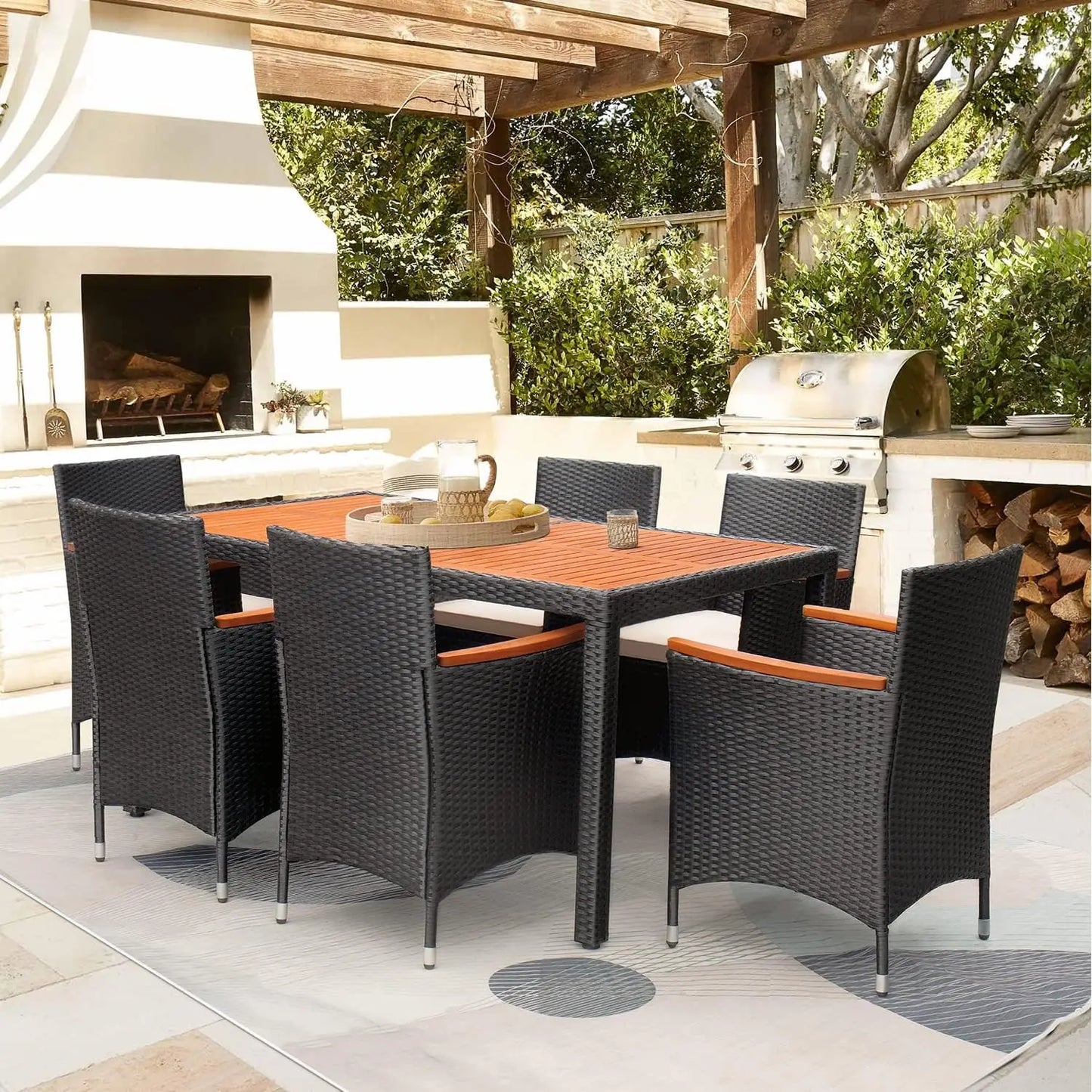 5/7/9 Piece Patio Dining Set Outdoor Acacia Wood Table and Chairs with Soft Cushions Wicker Patio Furniture for Deck, Backyard