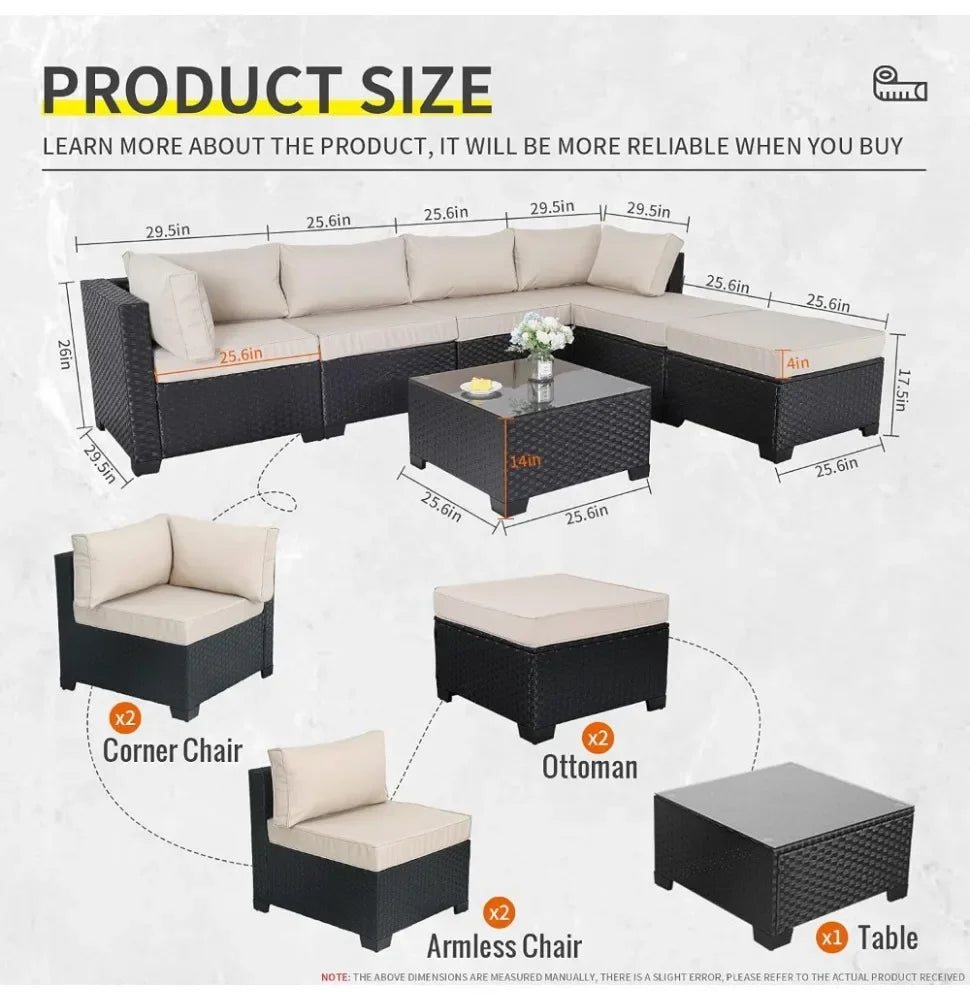 7 Pieces Outdoor PE Wicker Furniture Set Patio Rattan Sectional Conversation Sofa Set with Khaki Cushions and Glass Top Table