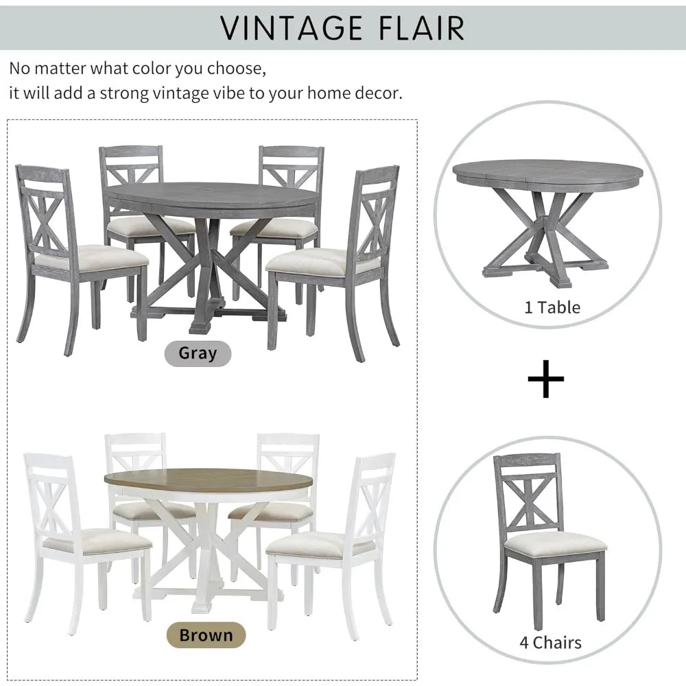5 Piece Retro, Functional Set,Extendable Round Table and 4 Upholstered Chairs for Dining Room and Kitchen,Gray