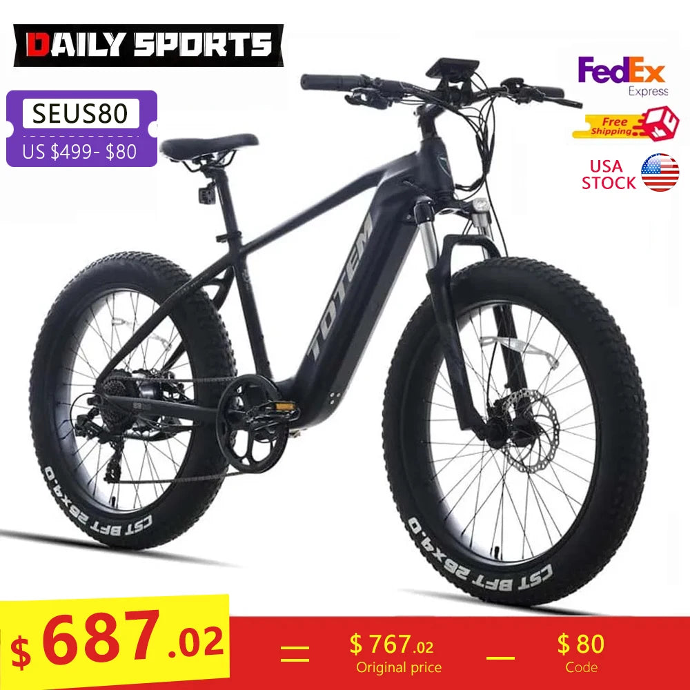 US stock 750W Ranger Electric Bike 48V 15Ah Removable Battery 32KM/H Max Speed Shimano 7 Speed 26" Fat Tire Ebike for Adults