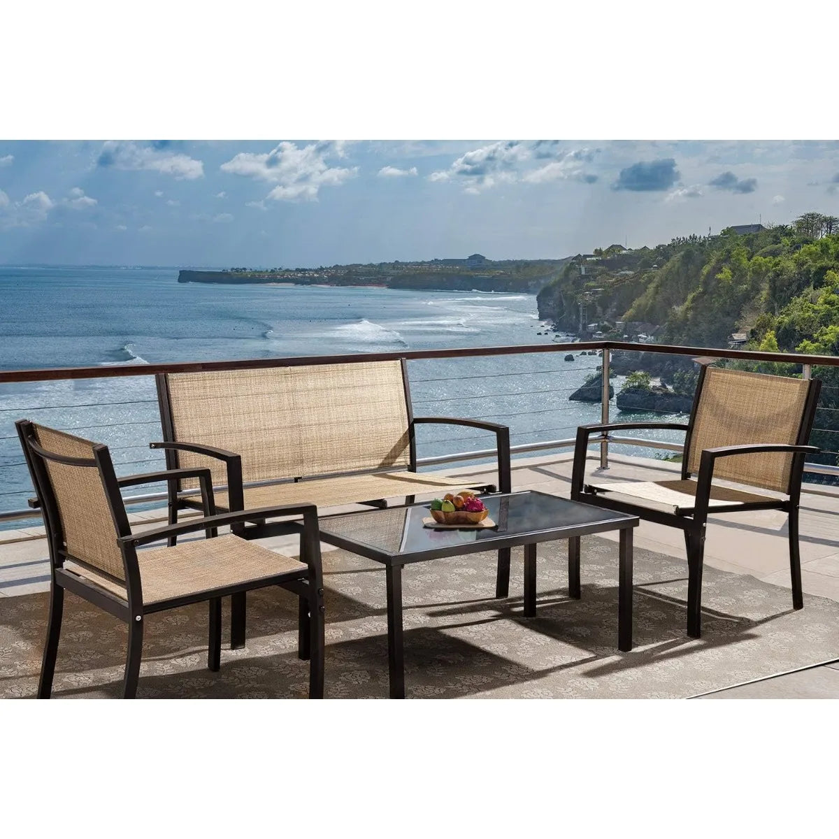 Tuoze 4 Pieces Outdoor Patio Furniture Conversation Glass Coffee Table Bistro Set with Loveseat Garden Yard Lawn and Balcony