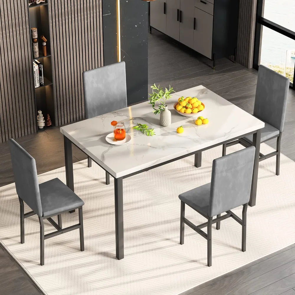 2024 New Dining Table Set for 4, 5-Piece Marble DiningTableSet with 4 Velvet Metal Frame Chairs for Kitchen