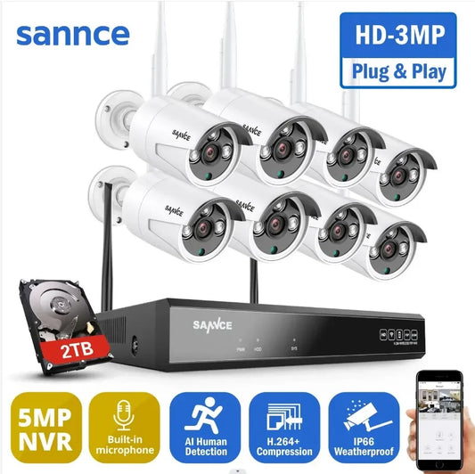 SANNCE 8CH 3MP WiFi NVR 8PCS 2.0MP IR Outdoor Weatherproof CCTV Wireless IP Camera Security Video Surveillance System Kit