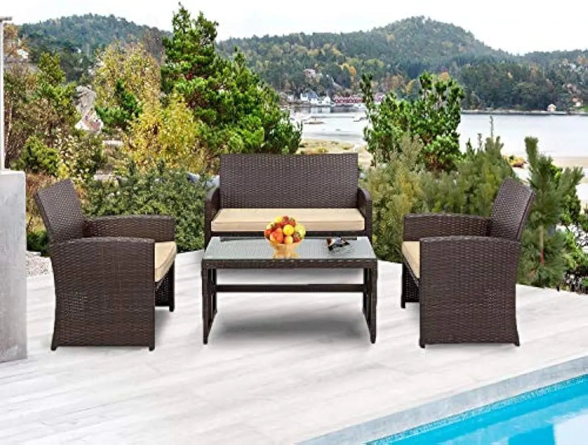 Patio 3/4 Pieces Rattan Wicker Conversation Sets Lawn Chairs Porch Poolside Balcony Garden Outdoor Furniture