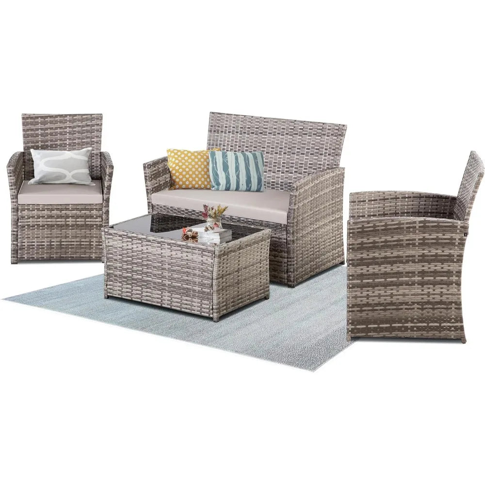 4 Piece Patio Furniture Set, Outdoor Wicker Conversation Sets,Rattan Sectional Sofa w/Coffee Table, for Backyard Garden Poolside
